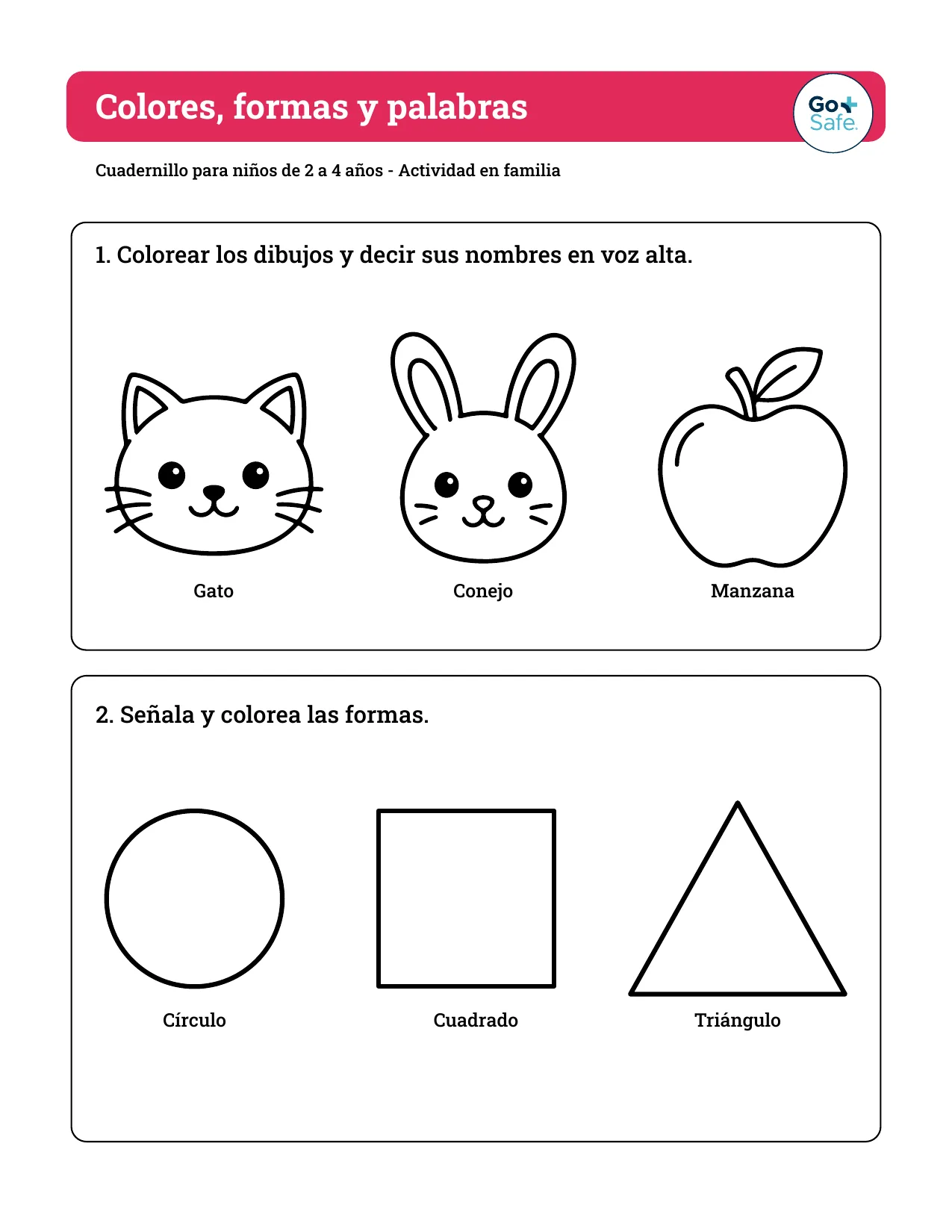 Página del cuadernillo GoSafe para niños de 2 a 4 años con la actividad "Colores, formas y palabras"