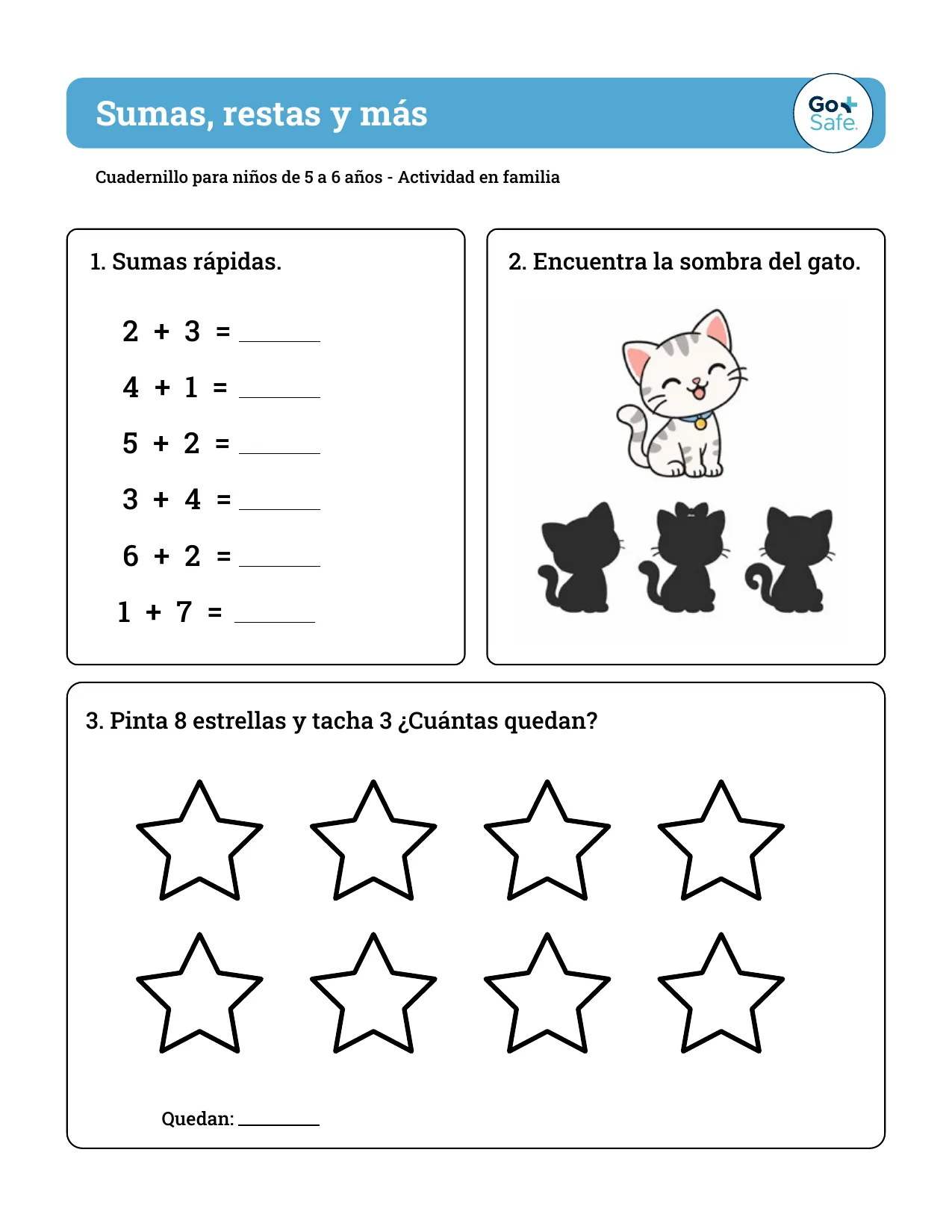 Página del cuadernillo GoSafe para niños de 5 a 6 años con la actividad "Sumas, restas y más"