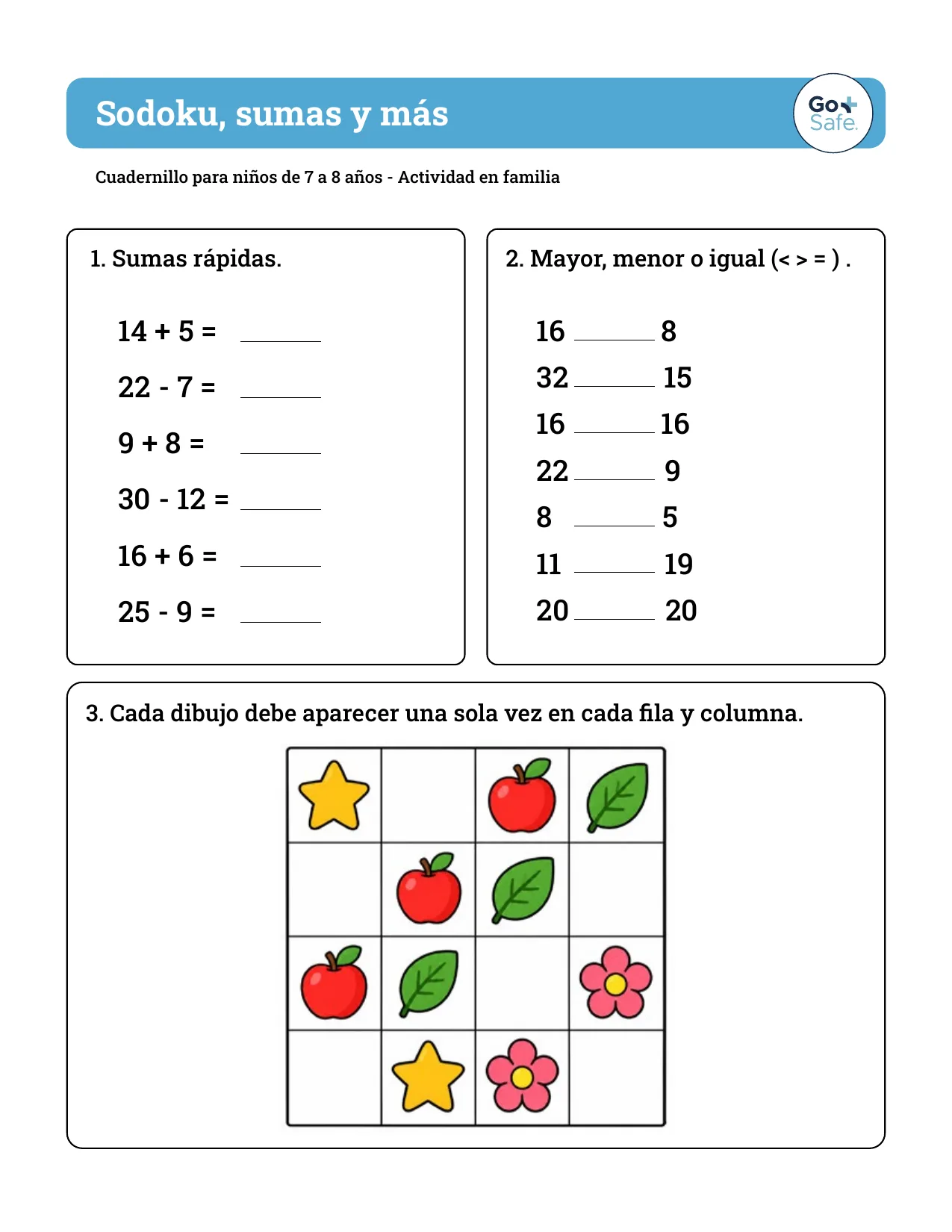 Página del cuadernillo GoSafe para niños de 7 a 8 años con la actividad "Sodoku, sumas y más"